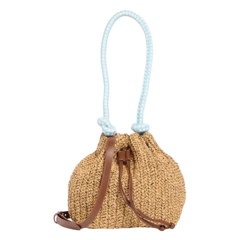Straw Drawstring Bucket Bag with Light Blue Rope Handle NWT NEW Sol and Mer - Picture 1 of 11